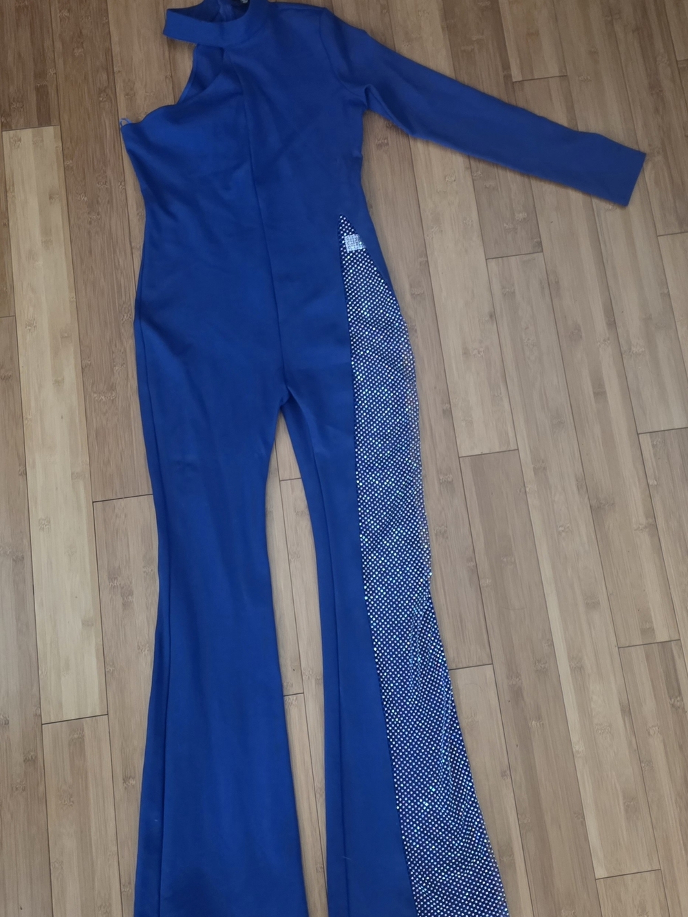 Blue One-Shoulder Jumpsuit with Crystal Side Panel